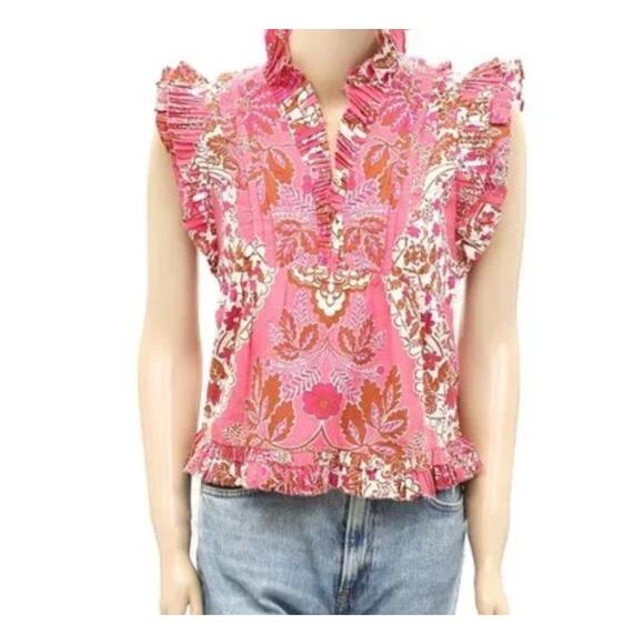 Love The Label Berna Pink Blouse Top Ruffle Cotton Printed Medium - Picture 4 of 4